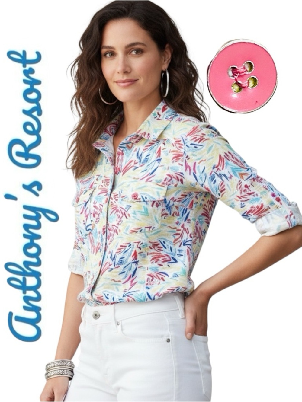 Anthony’s Resort Florida By Lulu-B UPF 50+ Multicolor Tropical 3/4 Sleeve Top